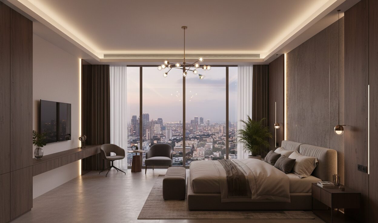 Bright apartment bedroom with a large mirror and neutral bedding