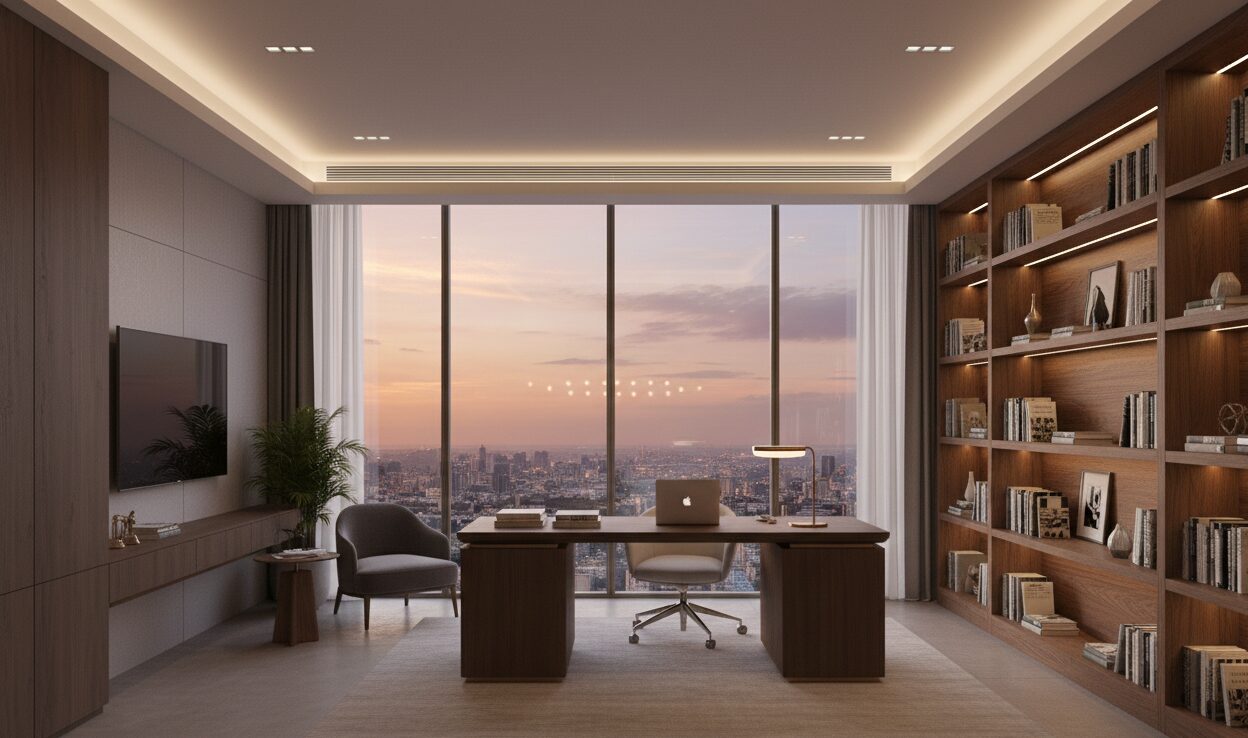 Modern apartment living room with large windows and comfortable seating