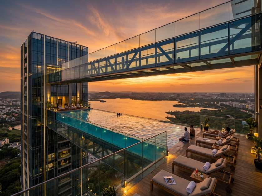 Residential swimming pool in front of a tall apartment building