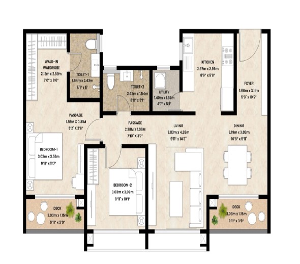 2 BHK Large Floor Plan