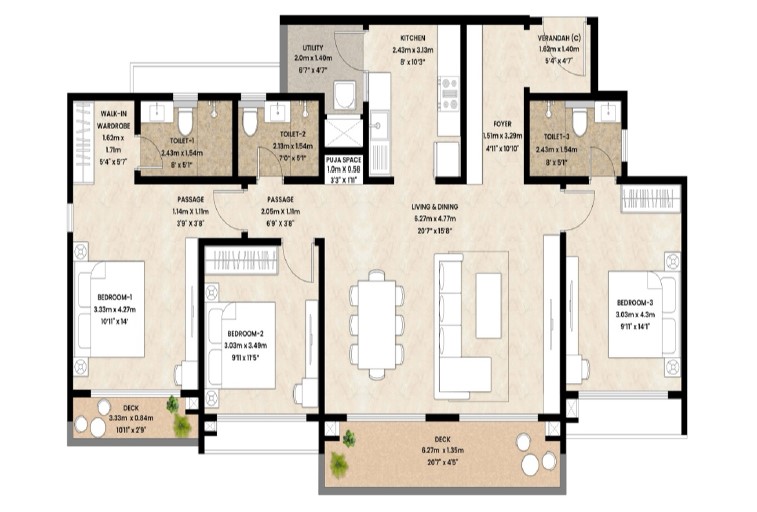 3 BHK Large Floor Plan