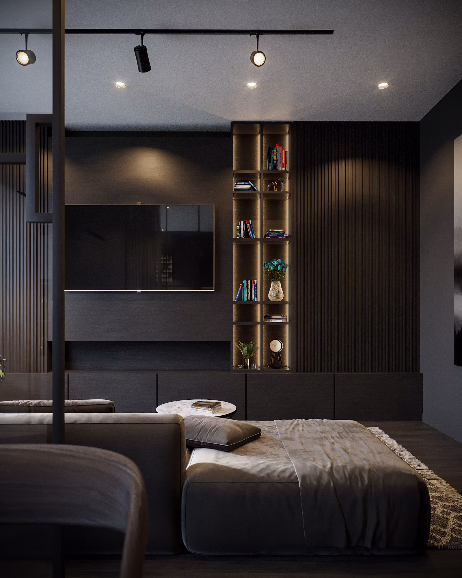 Bright apartment bedroom with a large mirror and neutral bedding