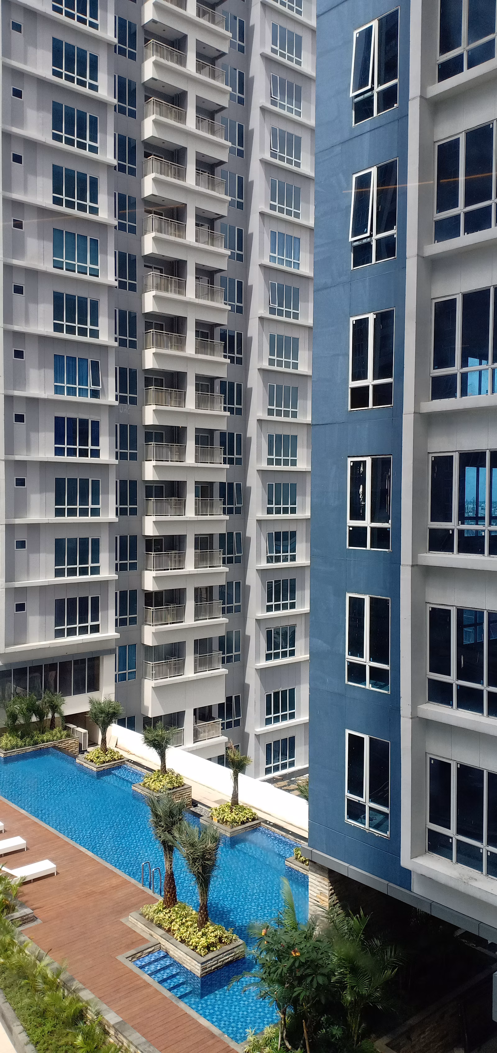 Residential swimming pool in front of a tall apartment building