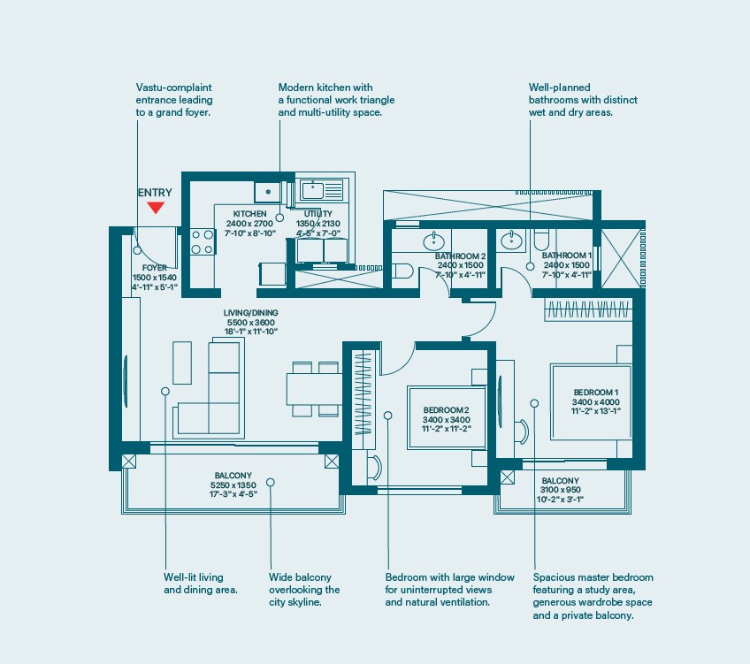 2 BHK Type G1 Floor Plan