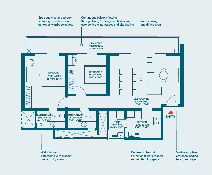 2 BHK Grande Type F1 Floor Plan