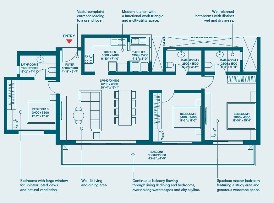 3 BHK Luxe Type D1 Floor Plan