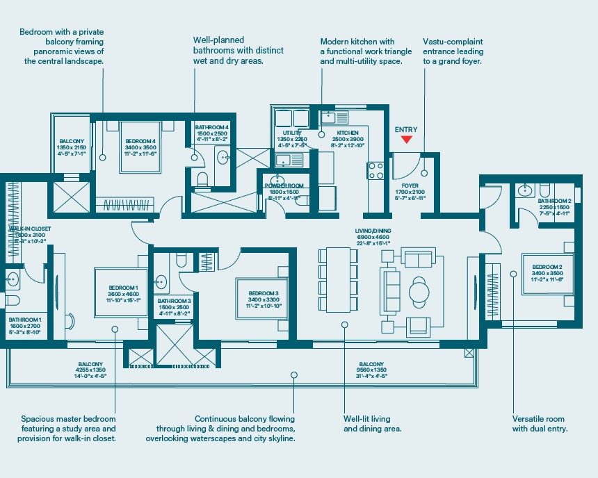 3 BHK Luxe Type E1 Floor Plan